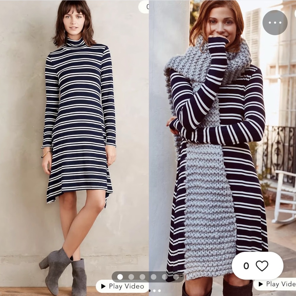 Maeve Anthropologie Navy & White Striped Turtleneck Dress  Long Sleeve size S